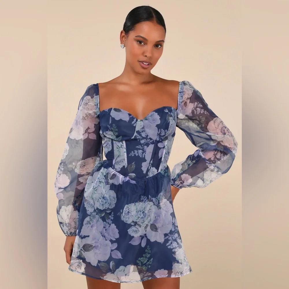 Lulu's Navy Blue Floral Lace-Up Back Mini Dress - Picture 2 of 5
